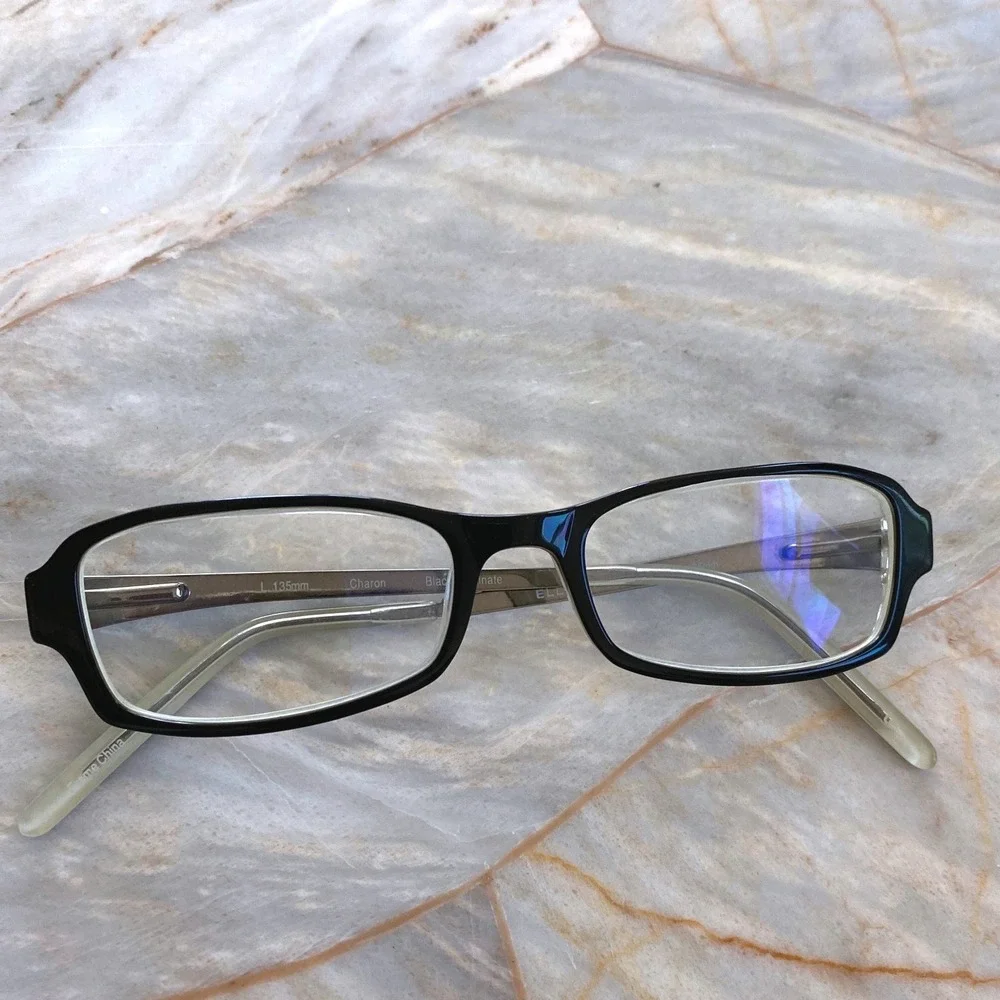 Ellen Tracy Charon Black Laminate Rectangular Eyeglasses Floral Etched Temples